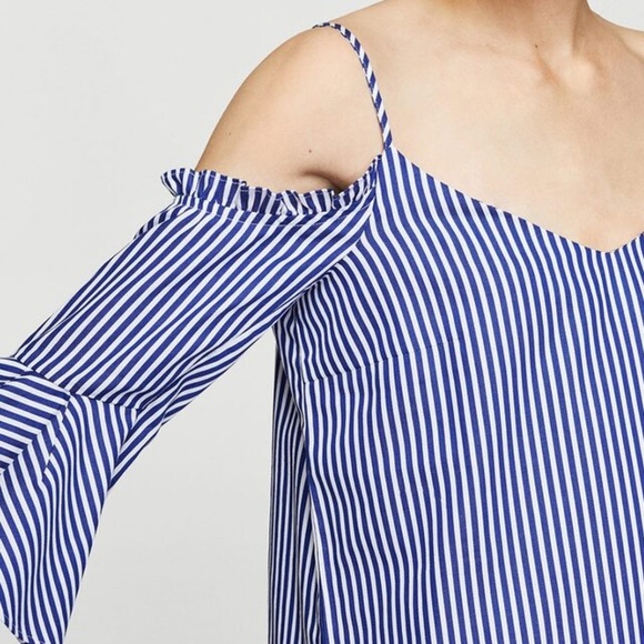 Mango Blue & White A-Line Cold Shoulder Dress - Picture 3 of 8